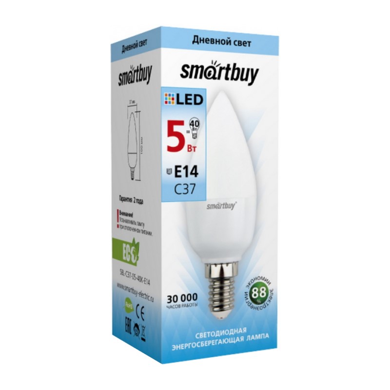 Лампа светодиодная Smartbuy LED E14, свеча, 5Вт, 230В, 4000К, нейтральный свет