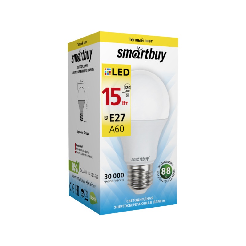 Лампа светодиодная Smartbuy LED E27, груша, 15Вт, 230В, 3000К, теплый свет