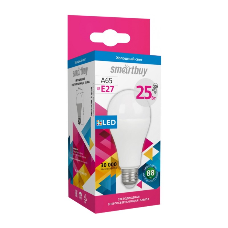 Лампа светодиодная Smartbuy LED E27, груша, 25Вт, 230В, 6000К, холодный свет