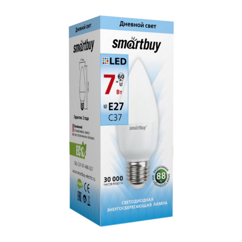 Лампа светодиодная Smartbuy LED E27, свеча, 7Вт, 230В, 4000К, нейтральный свет