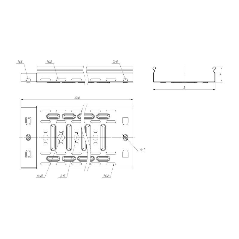 Лоток листовой перфорированный, замковый EKF 200х50х0,7 мм, L=3 м