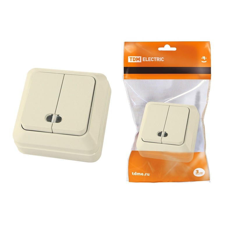 Выключатель о/у Ладога SQ1801-0008, 2 клавиши, с/инд, слоновая кость