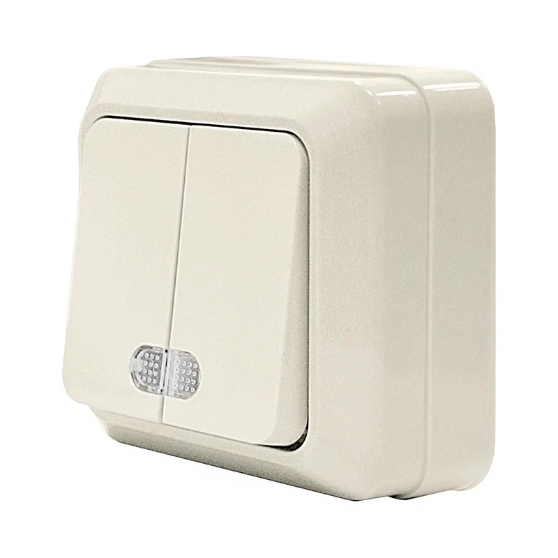 ОЛИМП Выключатель о/у, 2 клавиши, с/инд, 10А, 230В, IP20, сл.кость. Б-О0123