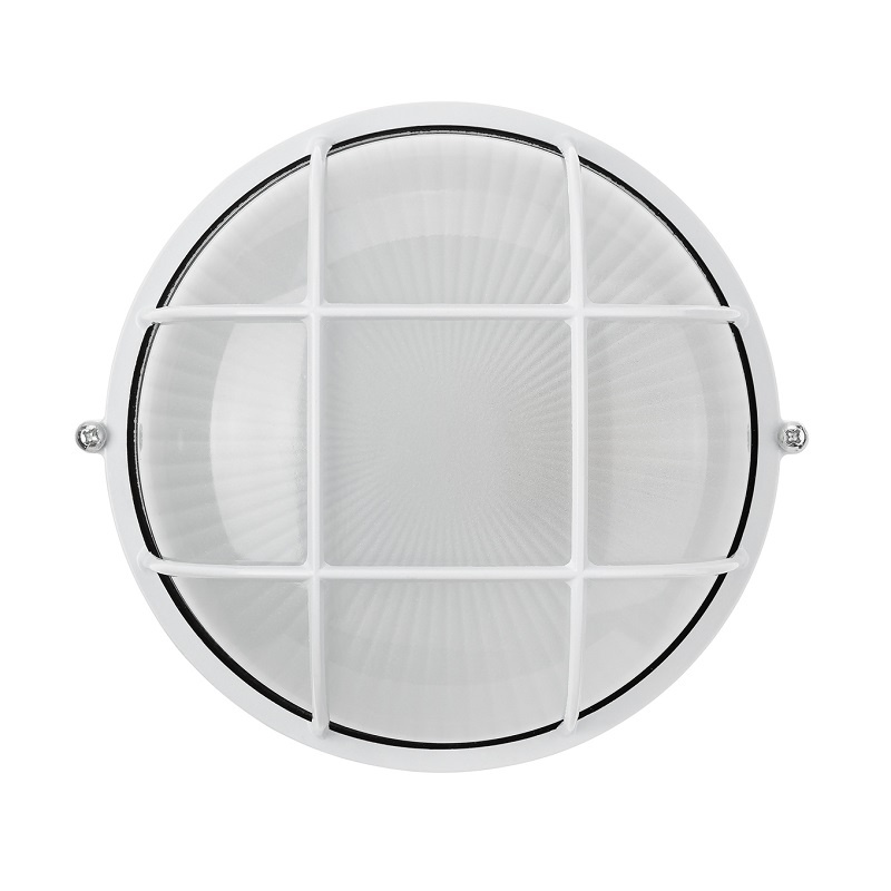 Светильник НПБ под Е27, 60 Вт, круг с решеткой, белый металл+стекло, IP54